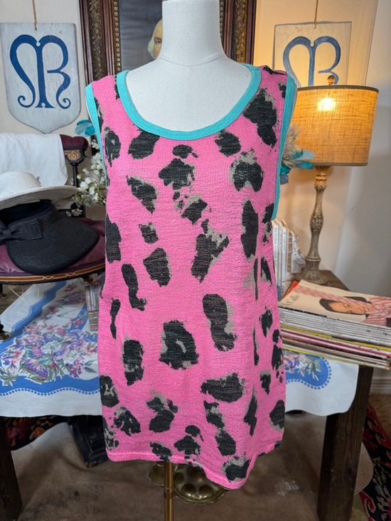 BiBi Tops - Bibi Pink & Black Leopard Print Knit Tank with Teal Trim